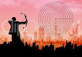 Silhouette of businessman aiming with bow and arrow at target over cityscape