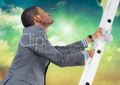 Close-up of a businessman climbing over ladder