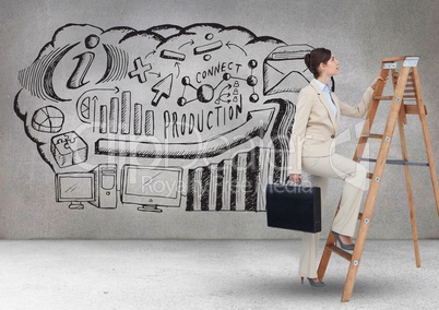 Businesswoman holding briefcase climbing on step ladder and graphics on wall in background