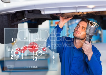 Automobile mechanic working in garage and mechanic interface