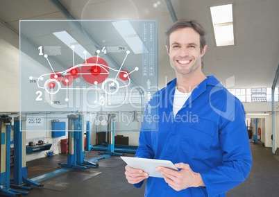Portrait of happy automobile mechanic holding digital tablet in workshop and mechanic interface