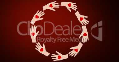 Hands with heart shaped forming circle against red background