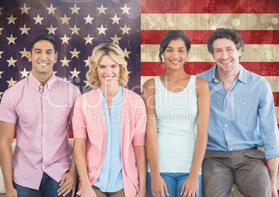 Business colleagues standing against american flag in background