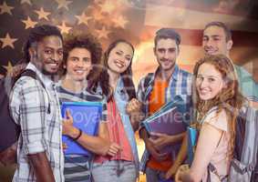 Friends standing together against american flag in background