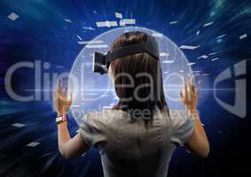 Rear view of woman using virtual reality headset