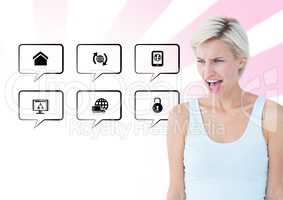Frustrated woman standing next to application icons