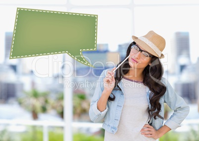 Woman thinking over blank label