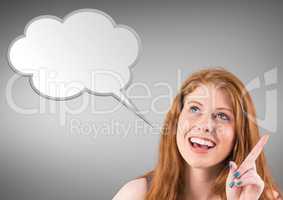 Smiling woman with blank speech bubble against grey background