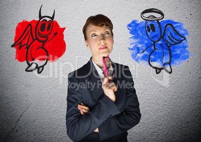 Digital image of a businesswoman with angel and devil