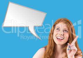 Digital composite image of smiling woman with speech bubble