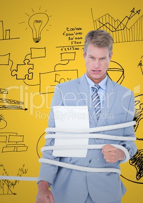 Businessman tied up with rope and paper against business graphic icon