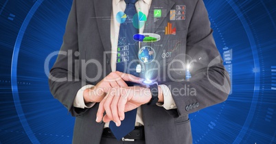 Businessman using futuristic smartwatch against blue background