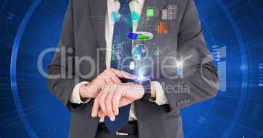 Businessman using futuristic smartwatch against blue background