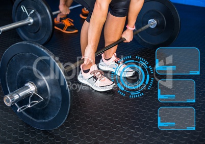 Woman lifting barbell in gym and fitness interface