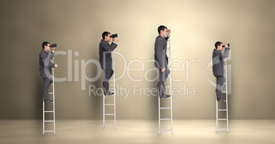 Businessman looking through binoculars while standing on the ladder