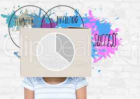Woman with box on her head and business terms in background