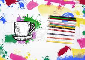 Hand drawn coffee cup and saucer with color pencil and multi colored paint stroke