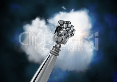 Metal robotic fist against cloud