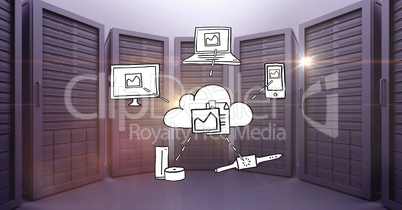 Server room with networking concept icons