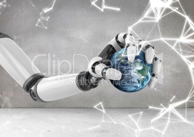 Robot hand holding globe with sparks
