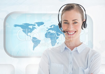 Portrait of woman in headset standing against world map