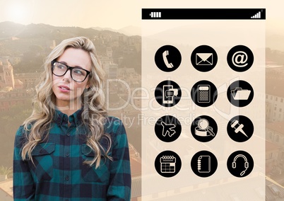 Digital composite image of a thoughtful woman with application icons
