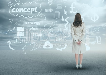 Businesswoman looking at business plan concept background