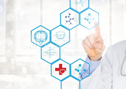 Doctor touching interface screen with medical icons