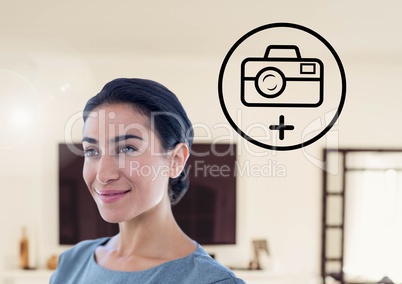 Woman smiling and media application icon