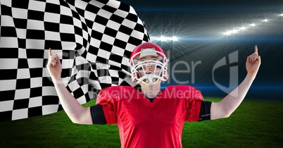 American football player celebrating his victory against checkered flag