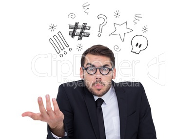 Businessman standing with graphics over head