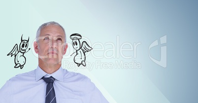 Digital composite image of a thoughtful businessman with angel and demon