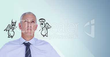 Digital composite image of a thoughtful businessman with angel and demon