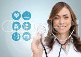 Female doctor touching stethoscope on digitally generated medical icons against white background
