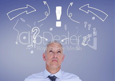Confused man with exclamation mark, arrow sign and question mark against blue background