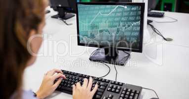 Executive working on computer with graph chart on screen