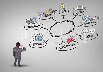 Businessman thinking over graphic business concept