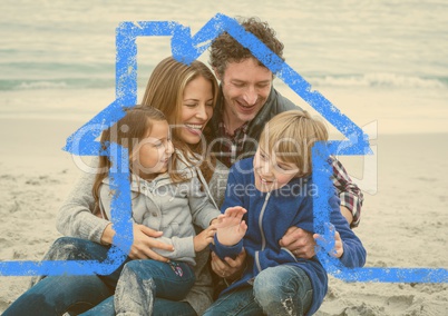 Happy family enjoying on beach above outline house