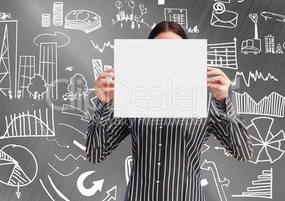 Woman holding blank sheet of paper in front of her face with graphics in background