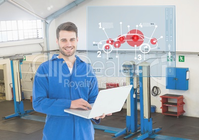Portrait of happy automobile mechanic holding laptop and mechanic interface