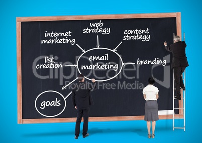 Business professionals writing on blackboard with business plan concept
