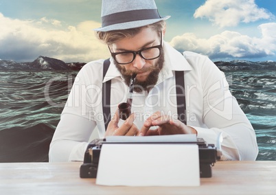 Man with smoking pipe using vintage type writer against sea background
