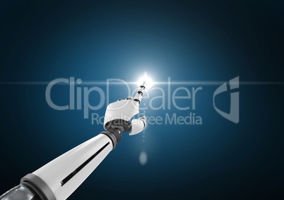 Robot hand touching white light  against dark blue background