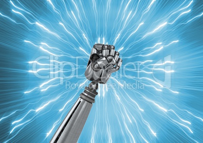 Robot fist with sparks against blue background