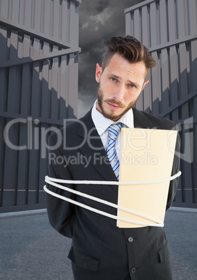 Portrait of serious businessman tied up with rope and folder