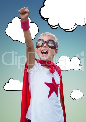 Digital composite image of boy pretending to be a superhero