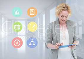 Woman using mobile phone with various application