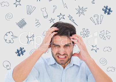 Frustrated man standing with graphics over head