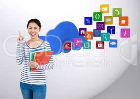 Woman standing with raised finger and application icons