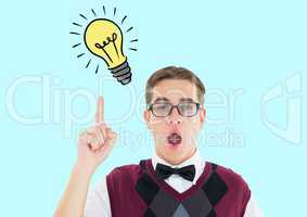 Man pointing innovative bulb against turquoise background